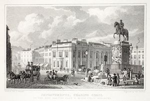 Charing Cross的改进，来自&39;伦敦及其十九世纪的周边&39;酒吧。 Jones und Co.，1827-1829
