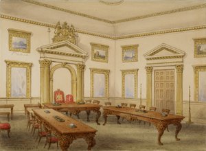 伦敦利登霍尔街东印度大厦董事法庭，约 1820 年（纸面水彩画） 作者 托马斯·霍斯默牧羊人