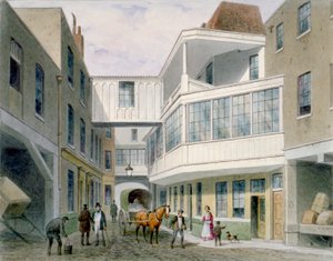 伦敦市伍德街十字键酒馆的景观，约1850年。                                    作者 托马斯·霍斯默牧羊人