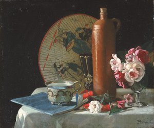 有扇子和玫瑰的静物，1874年。