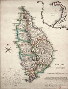多米尼克彩色地图，附有详细的地理观测数据，约 1760 年（手工彩色雕刻）