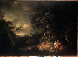 "埃涅阿斯和黛朵的风景 插图选自维吉尔的《埃涅德》。托马斯-琼斯（Thomas Jones，1742-1803 年）1769 年绘制 尺寸：137.5x193.5 厘米 圣彼得堡艾尔米塔什博物馆
