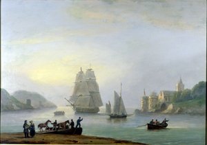一个双桅船进入达特茅斯港，前景中有一艘渡轮，1828年