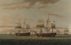 一名印第安人和一艘双层帆船相撞，据说是 Thomas Dumar Esq.乘坐英国皇家海军船只 "波特兰 "号运送背风群岛护航舰队，1776 年 作者 托马斯·鲁尼