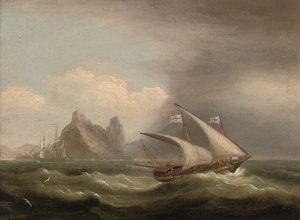1822年，一架武装的Xebec在地中海，一艘英国护卫舰从船尾驶过，驶过岩石海岸海岸，1822年 作者 托马斯·鲁尼