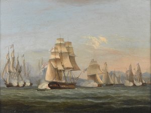 英国皇家海军斯巴达号和法国护卫舰：行动开始，1810 年 5 月 3 日（那不勒斯湾）（布面油画） 作者 托马斯·鲁尼