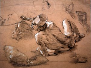 躺着的男性裸体，约1880年（纸上铅笔、黑粉笔和白色体彩）。