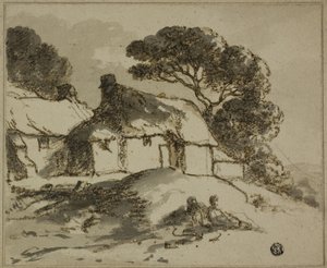 山坡上的小屋和树木