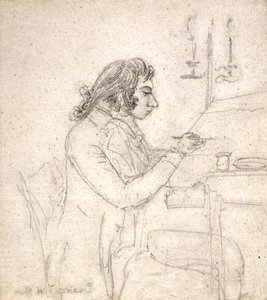 J. M. W. 特纳 (J. M. W. Turner) 在绘图桌上； 反面：睡着的门罗夫人（灰白色直纹纸上的铅笔）