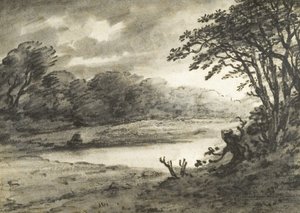 湖景（纸上炭笔和水彩画）