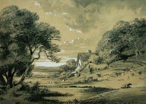 河边小屋的风景（纸上木炭、水墨和体彩）。