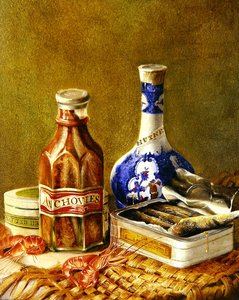 鳀鱼的静物，约1844-62（帆布上的卡片油）。 作者 托马斯·穆斯格雷夫（Thomas Musgrave）