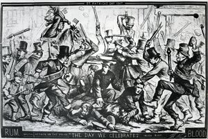 卡通描绘1867年圣帕特里克节纽约发生的骚乱，发表于1867年4月6日的哈珀周刊（木版画）