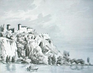 马焦雷湖岸边的安盖拉城堡，位于辛普隆山口，插图来自T. Bruun Neergaard的《意大利北部的皮托里斯克和历史之旅》。