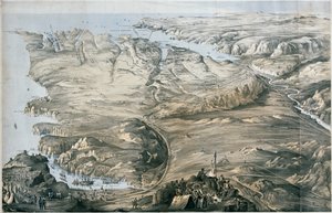 塞瓦斯托波尔之前英法联军防御工事的全景图（石版画，有色）