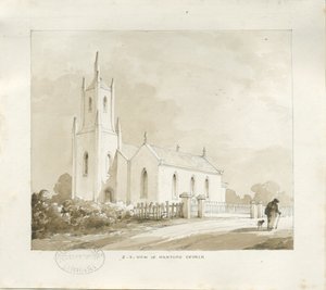 汉福德教堂（Hanford Church）：铅笔和水墨画，nd [？1838]（绘画） 作者 托马斯·佩普洛伍德