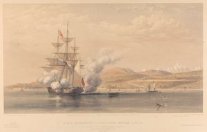 H.M.S. Highflyer Captn John Moore C.B. c. at anchor off Soukoum Kaleh-Abasia, Omar Pasha leaving the ship, October 1855