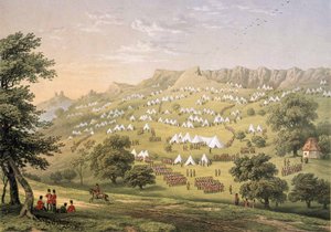 1855年肯特郡海斯附近的外籍军团营地（石版画，彩色）。