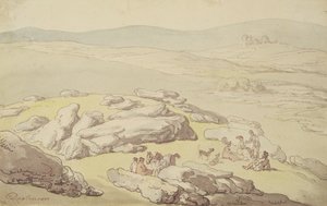 在Dartmoor上野餐（笔，墨水和水彩纸上） 作者 托马斯·罗兰森