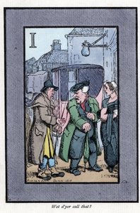 检查哈克尼向乘客抱怨小费（1819）。 木版画，基于 Thomas Rowlandson (1756-1827) 的一幅画作，出版于 The Cris of London：有六个迷人的孩子和近 40 幅插图，由 Andrew Tuer、Field 和 Tuer， 作者 托马斯·罗兰森
