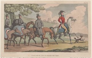当晚与他的套房一起冲向圣塔伦，出自《约翰尼-纽的军事冒险》，1815年。 作者 Thomas Rowlandson