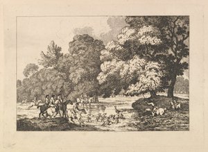 猎鹿-河中有鹿和猎犬的风景场景，1787年。 作者 托马斯·罗兰森