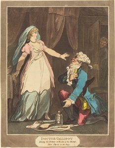 加里波特医生把他的财富放在他的女主人脚下，1808年。 作者 Thomas Rowlandson
