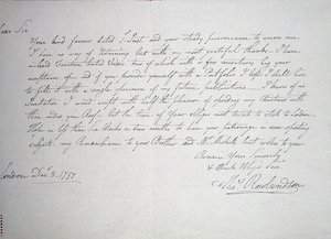 已知最早的艺术家给潜在赞助人Downs先生的信，1797年12月8日（纸上笔墨）。 作者 托马斯·罗兰森