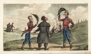 约翰尼·纽康少尉在萨拉曼卡战役前介绍给了他所在团的上校。 由 Thomas Rowlandson 绘制和蚀刻的手绘铜版画，来自 David Roberts 上校的 The Military Adventures of Johnny Newcome，Martin，伦敦 作者 托马斯·罗兰森
