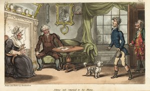 Ensign Johnny Newcome returns home to England on sick leave from the Peninsula Campaign. Handcoloured copperplate engraving drawn and etched by Thomas Rowlandson from Colonel David Roberts