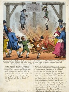 盖伊-福克斯和拿破仑-布瓦纳帕尔这两个古老英格兰的著名敌人被处决--他们在绞刑架上的最后演讲。1813 年。雕刻。 作者 托马斯·罗兰森