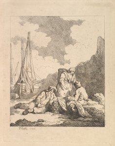岸边渔民-一个男人坐在地上休息肘部的沿海场景，1786年。 作者 托马斯·罗兰森