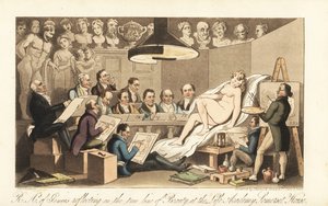 Georgian artists including Benjamin West, Thomas Lawrence, Benjamin Haydon, Joseph Farrington, Richard Westall and Martin Archer Shee drawing a nude model, while classical busts look down. Royal Academicians of Genius reflecting on the true line of Beauty, 作者 Thomas Rowlandson