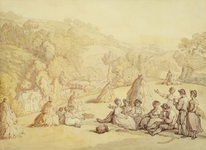 玉米田中的收割机，约1805-10年（钢笔和墨水在纸上洗净） 作者 托马斯·罗兰森