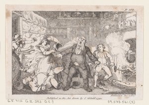 女主人把一盘血排到安德鲁斯牧师的脸上，来自《......的冒险》，1792年。 作者 托马斯·罗兰森