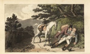约翰尼帮助一个被甩下马的旅行者。托马斯-罗兰森的手绘铜版画，出自威廉-康伯的《约翰尼-奎因斯的历史》，已故合成医生的小弃婴。 作者 托马斯·罗兰森