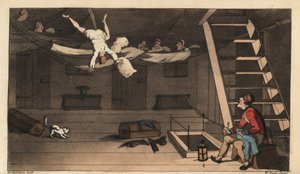 约翰尼从船舱里的吊床上掉下来。W.Read根据Thomas Rowlandson的插图进行的手绘铜版画，出自Alfred Burton的《Johnny Newcombe在海军的冒险》，Simpkin，伦敦 作者 托马斯·罗兰森