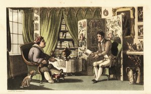 约翰尼在书房里给杰弗里·古尔曼德爵士读。 托马斯·罗兰森 (Thomas Rowlandson) 的手绘铜版版画，出自 William Combe 的 The History of Johnny Quae Genus，已故 Doctor Syntax 的小弃儿。 作者 托马斯·罗兰森