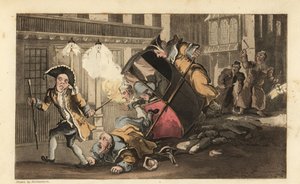 Johnny thrown out of a sedan chair when the porters crash over a pile of stones in the street. Night Watchmen with lanterns and rattles arrives. Handcoloured copperplate engraving by Thomas Rowlandson from William Combe