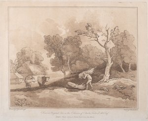 风景画，人物背着一捆树枝，后面有一棵树，两头牛......，1789年5月21日。 作者 托马斯·罗兰森