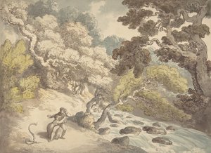 景观，有奔腾的溪流，岸上有一对夫妇被蛇惊吓，1775-1827。 作者 托马斯·罗兰森