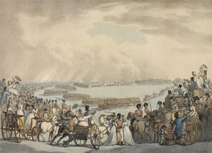 伦敦和威斯敏斯特的轻马志愿者，由赫里斯上校指挥，1798年7月5日由温布尔登陛下评审（彩色aquatint） 作者 托马斯·罗兰森