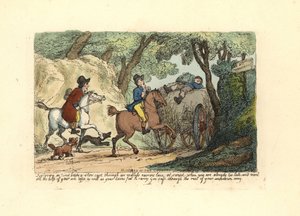 Man on horseback behind a slow-moving cart on a narrow lane. 作者 托马斯·罗兰森