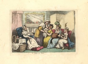 Mother with new born baby visited by several women in a parlour. 作者 托马斯·罗兰森