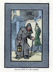 Night watchman with his lantern and stick, inattentive to two burglars entering a house behind him (1819). Wood engraving, based on a painting by Thomas Rowlandson (1756-1827), published in The Cris of London: with six charming children and nearly 40 illus 作者 托马斯·罗兰森