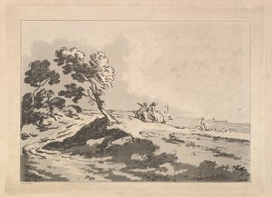 风景优美，三名骑士在中间距离向右行驶，Windblo ...，1784-88。 作者 托马斯·罗兰森