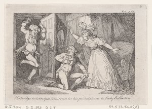 帕特里奇打断了汤姆-琼斯对贝拉斯顿夫人的抗议，摘自《历史》，1792年。 作者 托马斯·罗兰森