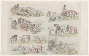 图版11，人物、风景和牛的轮廓...供学习者使用...，1791年1月31日。 作者 托马斯·罗兰森