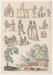 图版5，人物、风景和牛的轮廓......供学习者使用，Ju...，1790年6月18日。 作者 托马斯·罗兰森