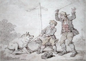 生锈的培根（猪头和劝说）（纸上水墨画）。 作者 托马斯·罗兰森